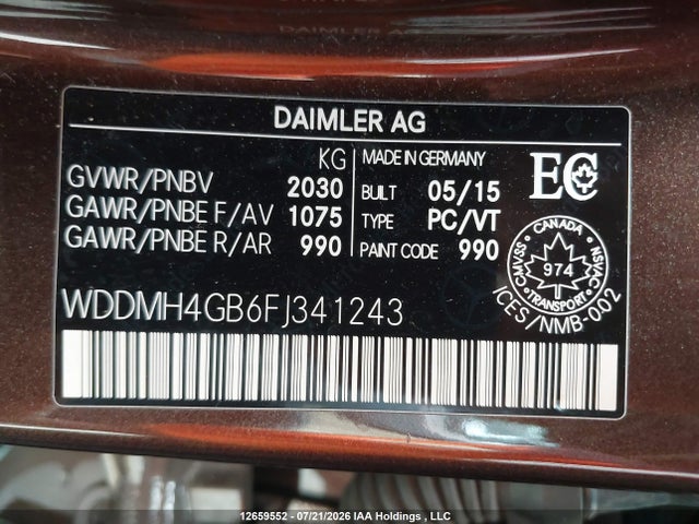 2015 Mercedes-benz B 250 4matic მანქანა იყიდება აუქციონზე, vin: WDDMH4GB6FJ341243, აუქციონის ნომერი: 12659552