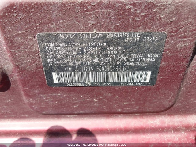 Aukcja sprzedaży 2012 Subaru Impreza Premium, vin: JF1GJAD60CH024410, numer aukcji: 12659567