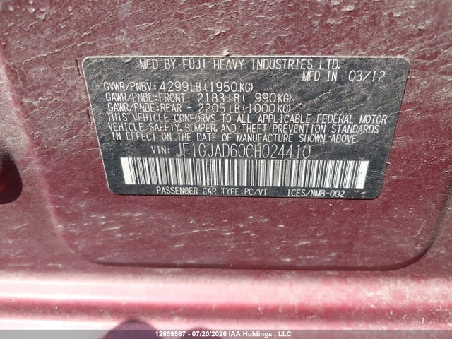 2012 Subaru Impreza Premium მანქანა იყიდება აუქციონზე, vin: JF1GJAD60CH024410, აუქციონის ნომერი: 12659567