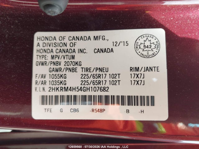 Honda CR-V EX 2016 2HKRM4H54GH107682 Image 9