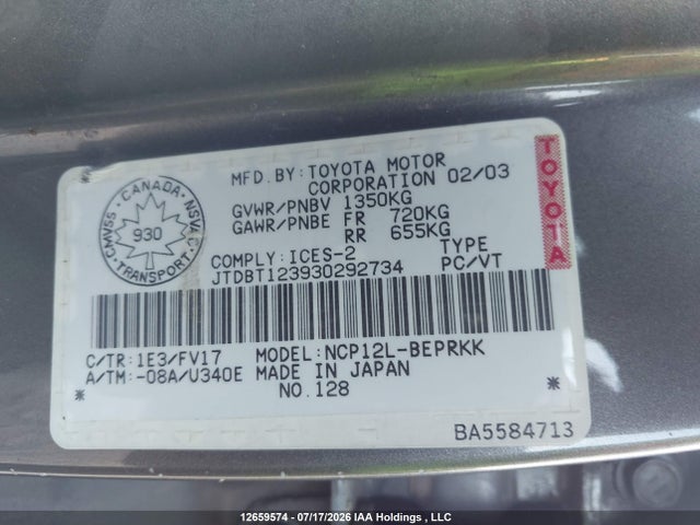 12659574 :رقم المزاد ، JTDBT123930292734 vin ، 2003 Toyota Echo مزاد بيع
