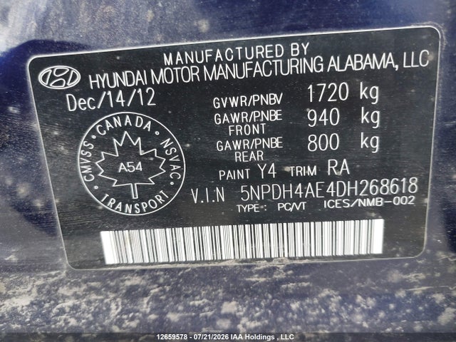 Продажа на аукционе авто 2013 Hyundai Elantra Gls/limited, vin: 5NPDH4AE4DH268618, номер лота: 12659578