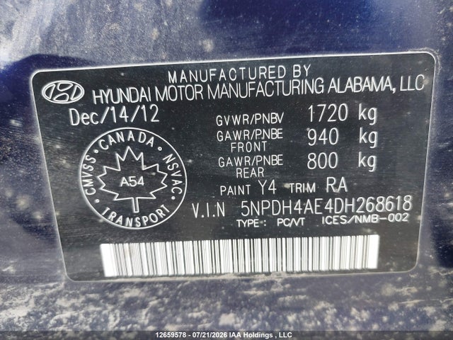 Продажа на аукционе авто 2013 Hyundai Elantra Gls/limited, vin: 5NPDH4AE4DH268618, номер лота: 12659578