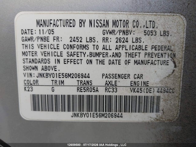 Aukcja sprzedaży 2006 Infiniti M45 Sport, vin: JNKBY01E56M206944, numer aukcji: 12659580