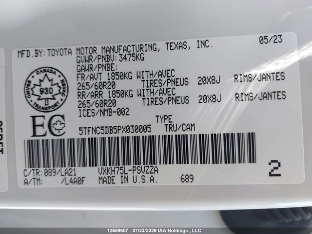 12659607 :رقم المزاد ، 5TFNC5DB5PX030005 vin ، 2023 Toyota Tundra Hybrid Platinum مزاد بيع