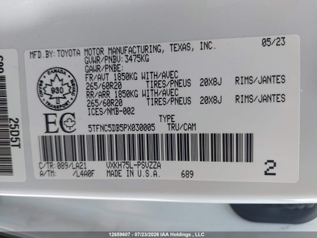 12659607 :رقم المزاد ، 5TFNC5DB5PX030005 vin ، 2023 Toyota Tundra Hybrid Platinum مزاد بيع