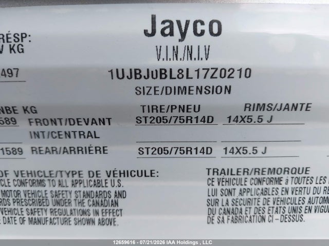 Aukcja sprzedaży 2020 Jayco Jayco, vin: 1UJBJ0BL8L17Z0210, numer aukcji: 12659616