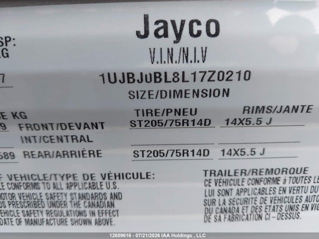 Aukcja sprzedaży 2020 Jayco Jayco, vin: 1UJBJ0BL8L17Z0210, numer aukcji: 12659616