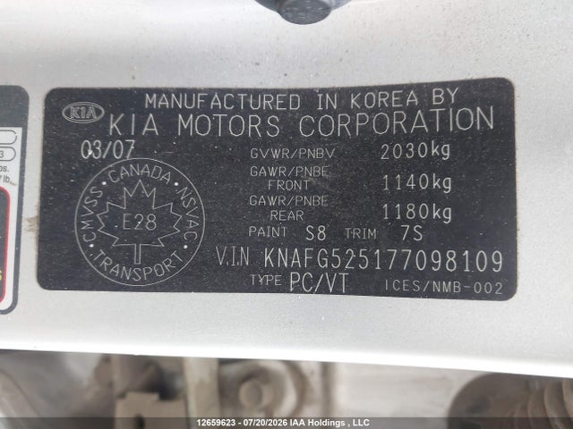2007 Kia Rondo Lx/ex მანქანა იყიდება აუქციონზე, vin: KNAFG525177098109, აუქციონის ნომერი: 12659623
