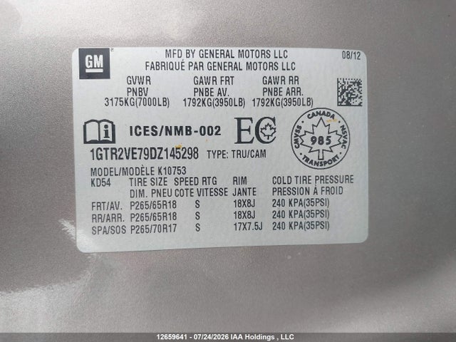 12659641 :رقم المزاد ، 1GTR2VE79DZ145298 vin ، 2013 Gmc Sierra K1500 Sle مزاد بيع