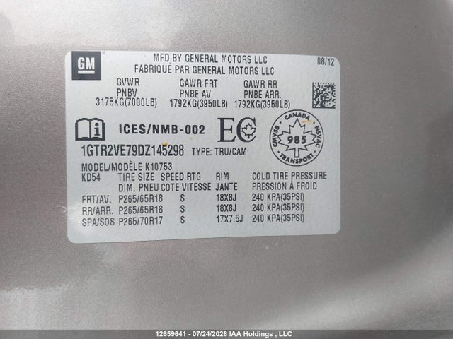 12659641 :رقم المزاد ، 1GTR2VE79DZ145298 vin ، 2013 Gmc Sierra K1500 Sle مزاد بيع