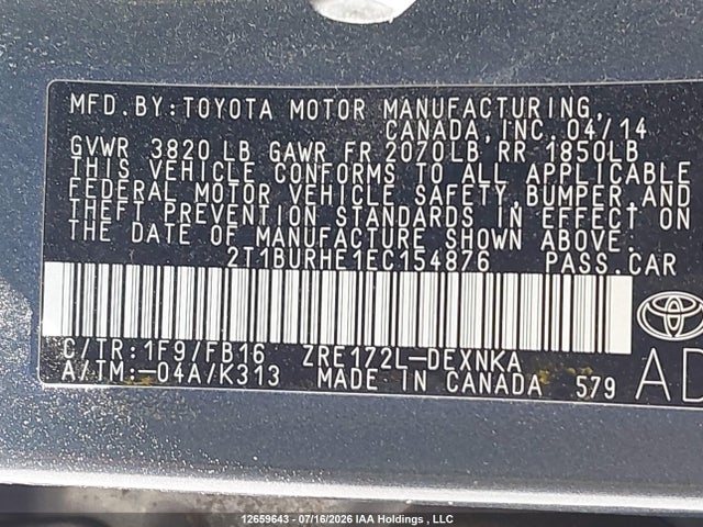 2T1BURHE1EC154876 Toyota Corolla L/le/le Pls/prm/s/s Pls