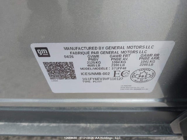 Aukcja sprzedaży 2027 Chevrolet Bolt Lt Fwd, vin: 1G1FY6EV3VF110127, numer aukcji: 12659655