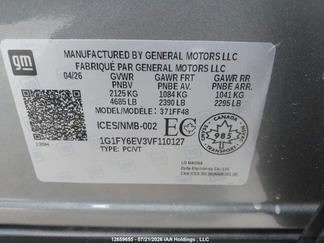 Aukcja sprzedaży 2027 Chevrolet Bolt Lt Fwd, vin: 1G1FY6EV3VF110127, numer aukcji: 12659655