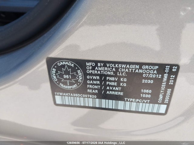 Auction sale of the 2013 Volkswagen Passat 2.5l Trendline, vin: 1VWAH7A35DC007820, lot number: 12659656