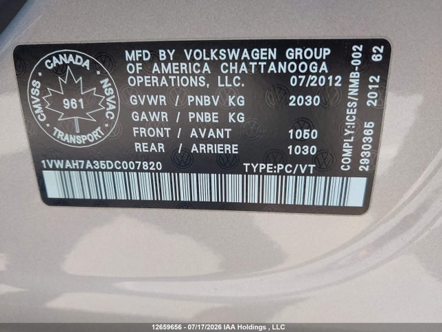 Auction sale of the 2013 Volkswagen Passat 2.5l Trendline, vin: 1VWAH7A35DC007820, lot number: 12659656
