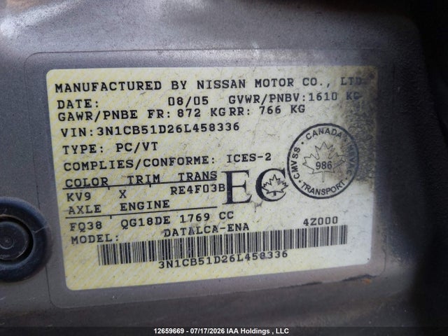 12659669 :رقم المزاد ، 3N1CB51D26L458336 vin ، 2006 Nissan Sentra 1.8 مزاد بيع
