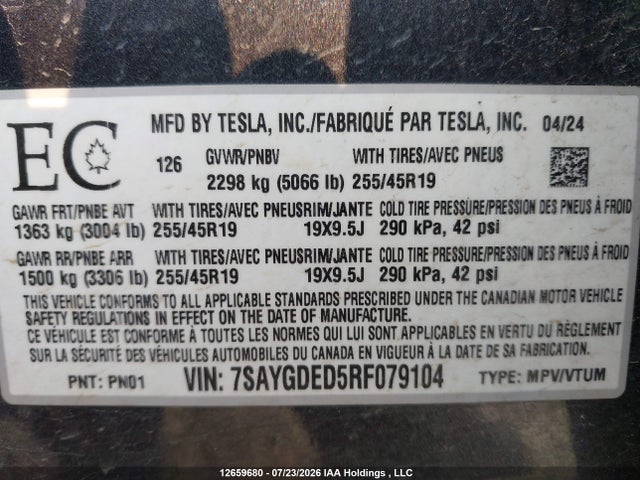 Aukcja sprzedaży 2024 Tesla Model Y, vin: 7SAYGDED5RF079104, numer aukcji: 12659680