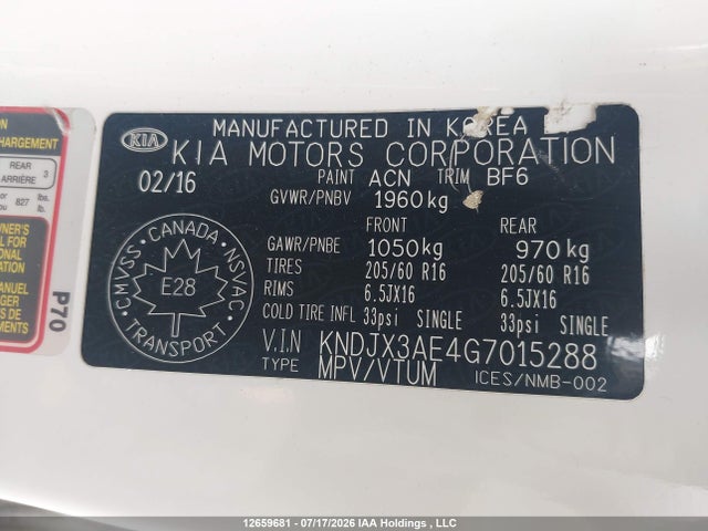 2016 Kia Soul Ev მანქანა იყიდება აუქციონზე, vin: KNDJX3AE4G7015288, აუქციონის ნომერი: 12659681