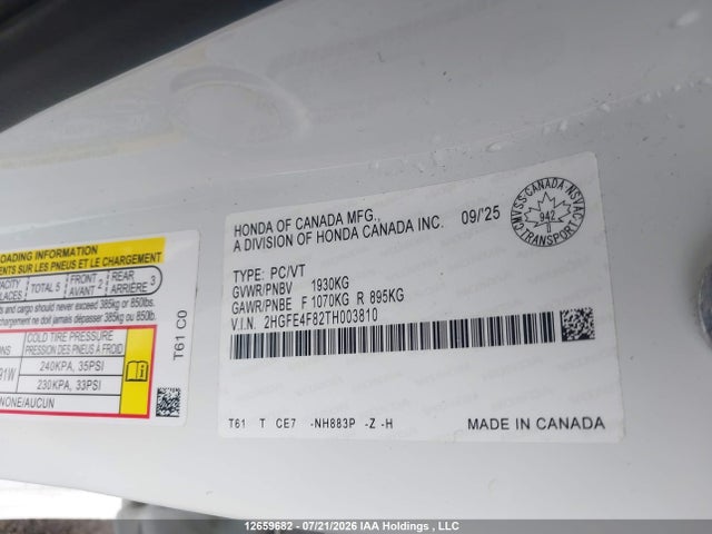 Продаж на аукціоні авто 2026 Honda Civic Sport Hybrid/sport Touring Hybrid, vin: 2HGFE4F82TH003810, номер лоту: 12659682