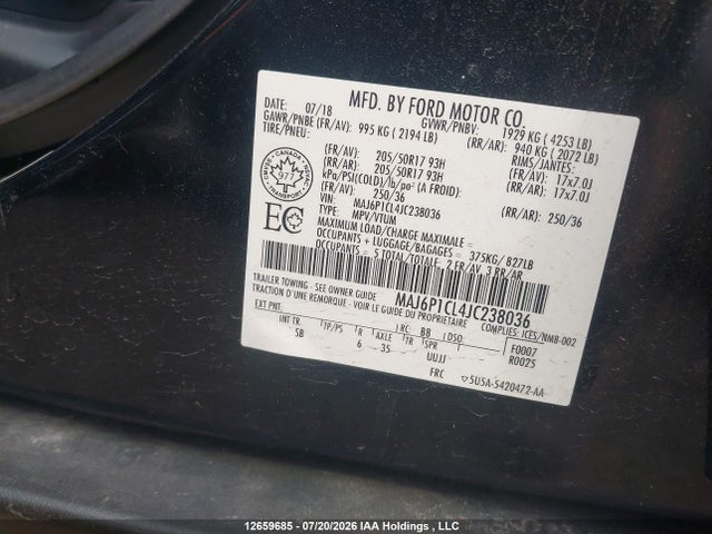Продажа на аукционе авто 2018 Ford Ecosport, vin: MAJ6P1CL4JC238036, номер лота: 12659685