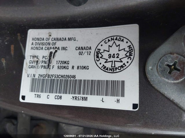 2012 Honda Civic მანქანა იყიდება აუქციონზე, vin: 2HGFB2F53CH026046, აუქციონის ნომერი: 12659691
