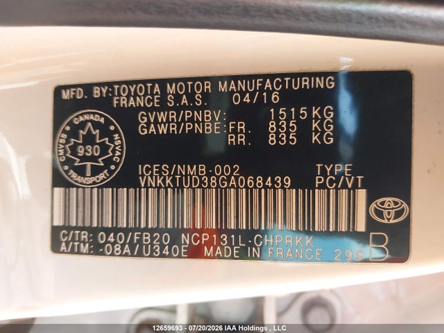 12659693 :رقم المزاد ، VNKKTUD38GA068439 vin ، 2016 Toyota Yaris Le مزاد بيع
