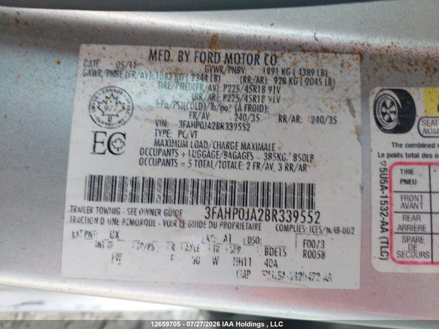 12659705 :رقم المزاد ، 3FAHP0JA2BR339552 vin ، 2011 Ford Fusion Sel مزاد بيع