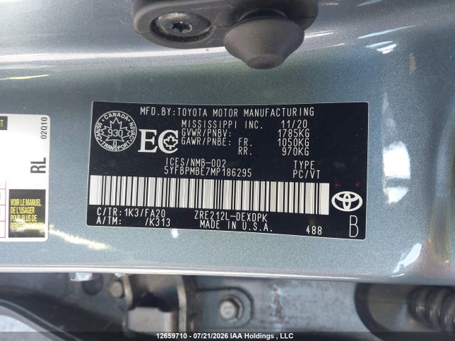 12659710 :رقم المزاد ، 5YFBPMBE7MP186295 vin ، 2021 Toyota Corolla L مزاد بيع