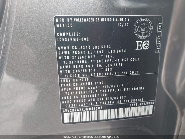 Aukcja sprzedaży 2018 Volkswagen Tiguan Se/sel, vin: 3VV2B7AXXJM088207, numer aukcji: 12659731