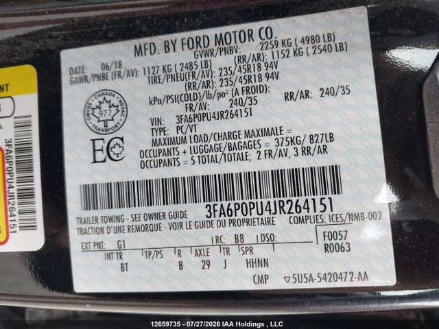 Продаж на аукціоні авто 2018 Ford Fusion Se Phev, vin: 3FA6P0PU4JR264151, номер лоту: 12659735