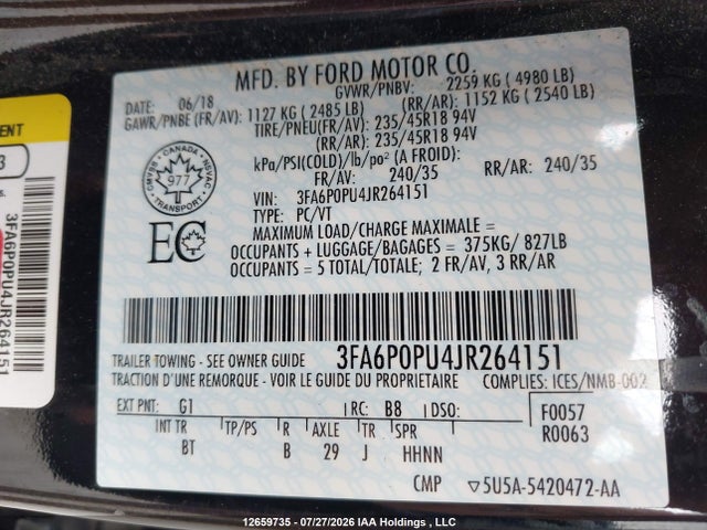 Продаж на аукціоні авто 2018 Ford Fusion Se Phev, vin: 3FA6P0PU4JR264151, номер лоту: 12659735