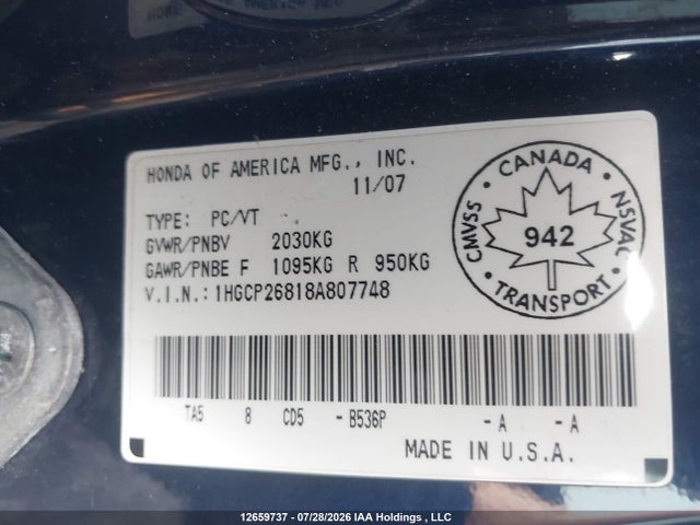 Продаж на аукціоні авто 2008 Honda Accord, vin: 1HGCP26818A807748, номер лоту: 12659737