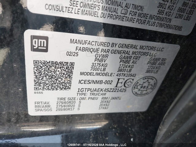 12659741 :رقم المزاد ، 1GTPUAEK4SZ221425 vin ، 2025 Gmc Sierra K1500 مزاد بيع