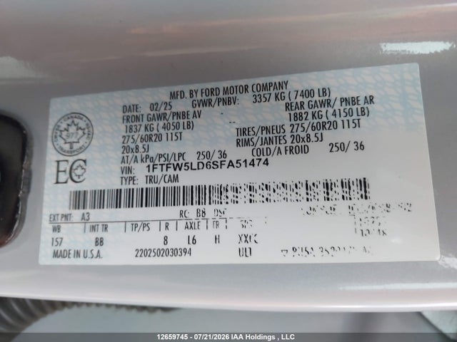 12659745 :رقم المزاد ، 1FTFW5LD6SFA51474 vin ، 2025 Ford F150 Lariat مزاد بيع