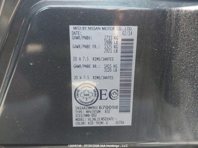 12659748 :رقم المزاد ، 5N1AR2MM9EC670098 vin ، 2014 Nissan Pathfinder Platinum/s/sl/sv مزاد بيع