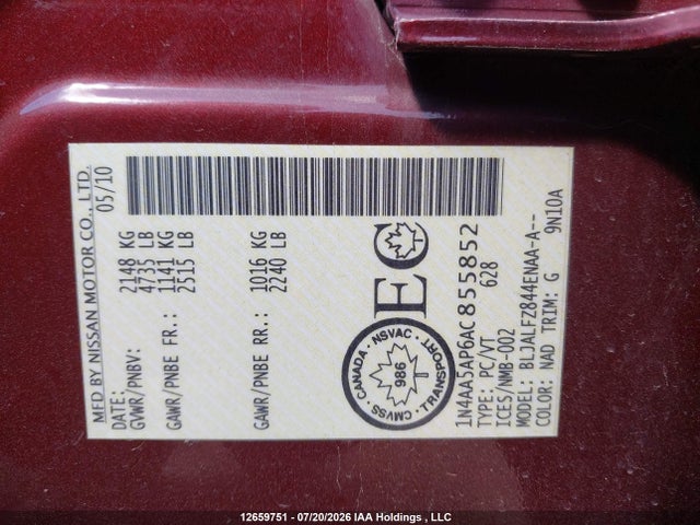 12659751 :رقم المزاد ، 1N4AA5AP6AC855852 vin ، 2010 Nissan Maxima 3.5 Sv مزاد بيع
