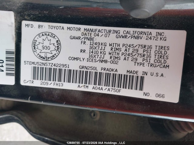 Продаж на аукціоні авто 2007 Toyota Tacoma Double Cab Long Bed, vin: 5TEMU52N57Z422951, номер лоту: 12659755