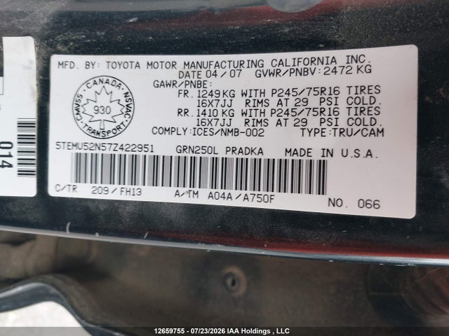 Продаж на аукціоні авто 2007 Toyota Tacoma Double Cab Long Bed, vin: 5TEMU52N57Z422951, номер лоту: 12659755