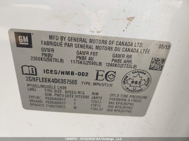 12659761 :رقم المزاد ، 2GNFLEEK4D6357565 vin ، 2013 Chevrolet Equinox Lt مزاد بيع