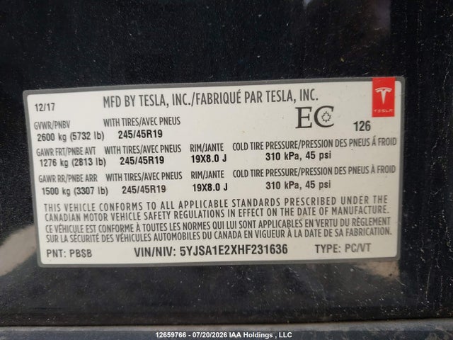 Продаж на аукціоні авто 2017 Tesla Model S, vin: 5YJSA1E2XHF231636, номер лоту: 12659766