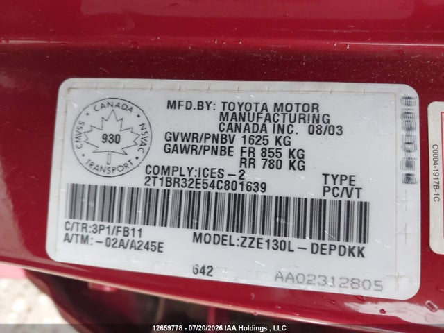Aukcja sprzedaży 2004 Toyota Corolla Ce/le/sport, vin: 2T1BR32E54C801639, numer aukcji: 12659778