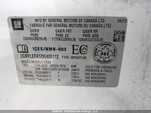 2013 Chevrolet Equinox Lt მანქანა იყიდება აუქციონზე, vin: 2GNFLEEK5D6406112, აუქციონის ნომერი: 12659780
