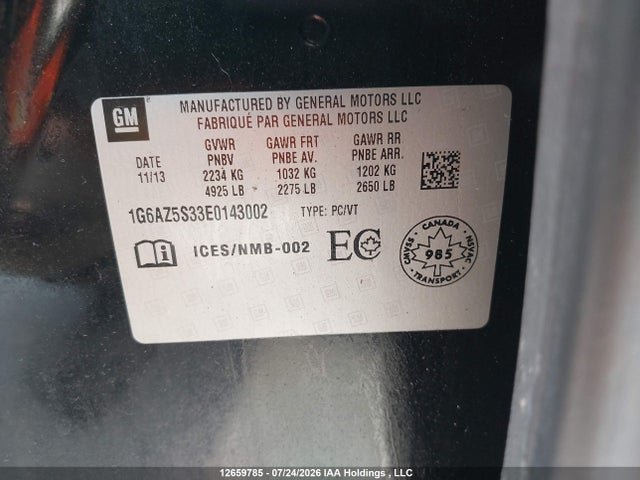 12659785 :رقم المزاد ، 1G6AZ5S33E0143002 vin ، 2014 Cadillac Cts 3.6l Premium مزاد بيع