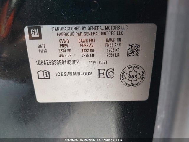 12659785 :رقم المزاد ، 1G6AZ5S33E0143002 vin ، 2014 Cadillac Cts 3.6l Premium مزاد بيع