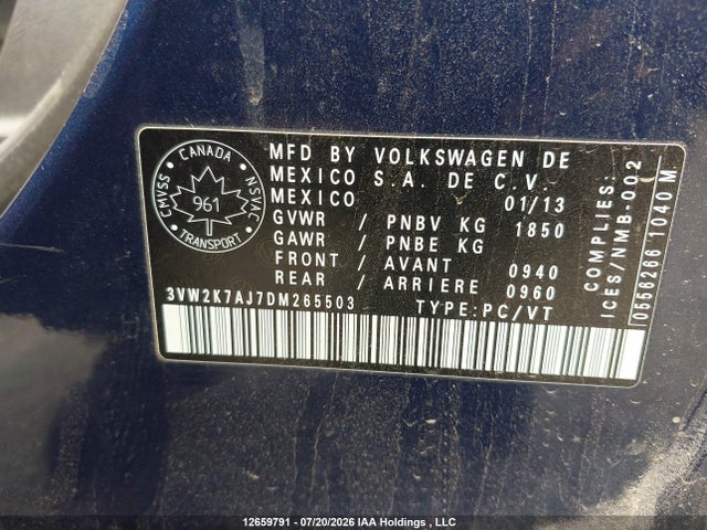 12659791 :رقم المزاد ، 3VW2K7AJ7DM265503 vin ، 2013 Volkswagen Jetta مزاد بيع