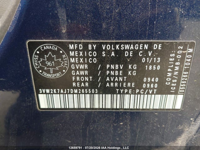 12659791 :رقم المزاد ، 3VW2K7AJ7DM265503 vin ، 2013 Volkswagen Jetta مزاد بيع