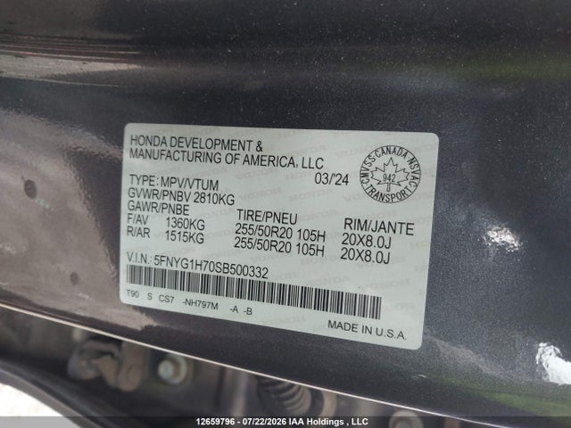 Aukcja sprzedaży 2025 Honda Pilot Touring, vin: 5FNYG1H70SB500332, numer aukcji: 12659796