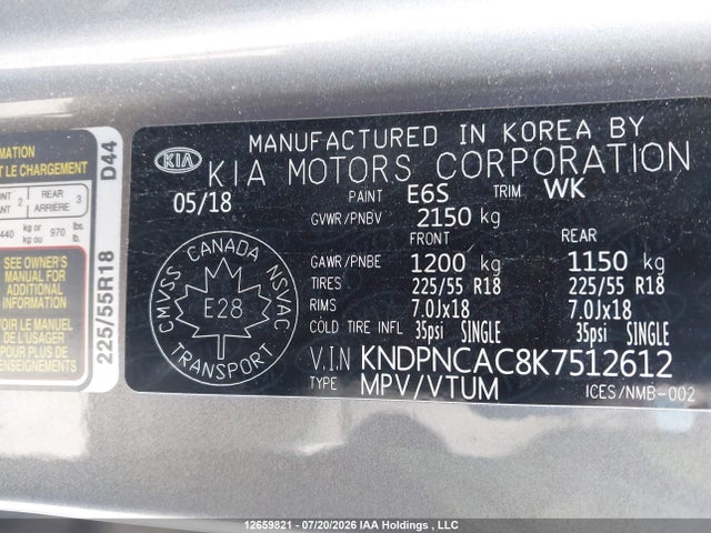 12659821 :رقم المزاد ، KNDPNCAC8K7512612 vin ، 2019 Kia Sportage Ex/ex Premium/ex Tech مزاد بيع