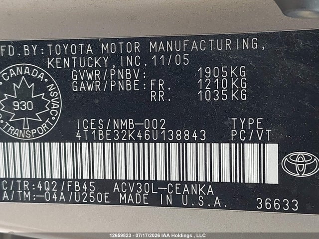 Продажа на аукционе авто 2006 Toyota Camry Le/xle/se, vin: 4T1BE32K46U138843, номер лота: 12659823
